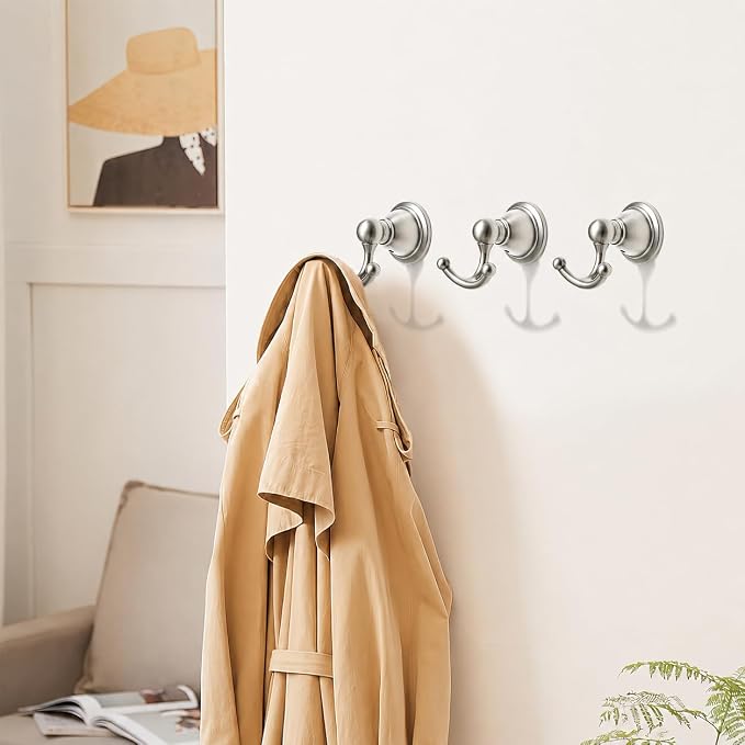 khtumeware 2 Pack Brushed Satin Nickel Robe Hooks Wall-Mounted Heavy-Duty Towel Hooks, Zinc Alloy Bathroom Coat Hooks and Suitable for Hanging Towels, Bathrobes, Clothes, Hats and Bags. - Image 3