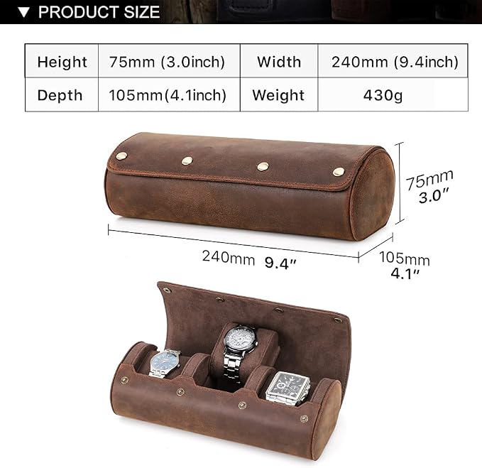 Hiram Leather Watch Roll Travel Case,Vintage Crazy Horse Leather 3-Slots Watch Box with Removable Velvet Pillows, Secure Metal Clasp, Perfect for Daily Display & Business Travel - Image 3