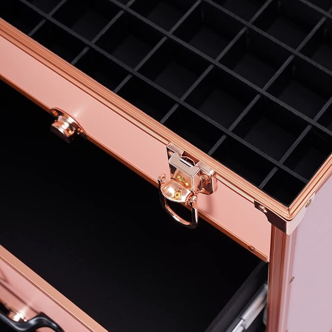 Rolling Makeup Case Cosmetic Train Cases Large Cosmetic Trolley with Locks Cosmetic Storage Organizer Travel Case Salon Barber Case for Makeup Artist Tattooist Nail Tech Hairstylists (Type D, Gold) - Image 6