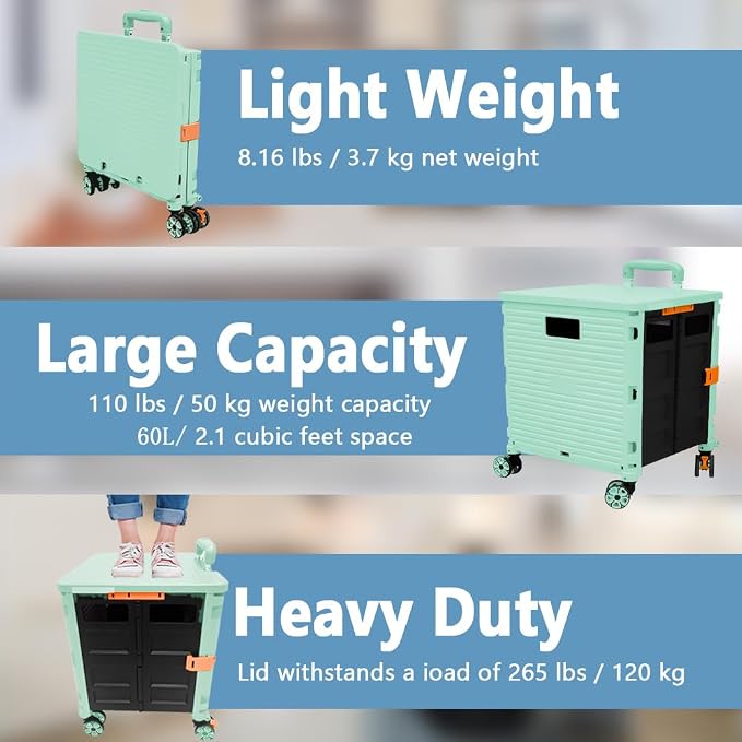 FELICON SELORSS Foldable Utility Cart Folding Portable Rolling Crate-Green | Durable,Heavy Duty,Plastic Box,Telescoping Handle,4 Rotate Wheels,Collapsible Handcart for Travel Shop Move Luggage Office - Image 3