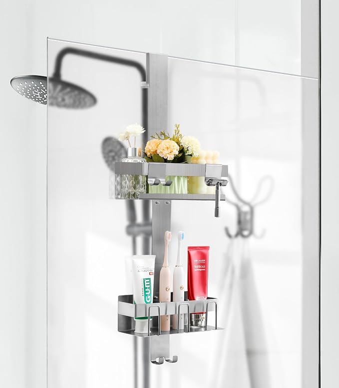 Emibele Over The Door Shower Caddy 2 Tier, 304 Stainless Steel Hanging Shower Caddy Rustproof Shower Shelves, No Drilling Hanging Shower Organizer for Bathroom Glass Door, Silver - Image 8
