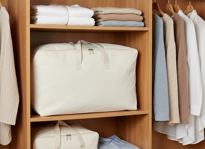DoYiKe Soft Canvas Clothes Storage Bags with Four Carrying Handles and Clear Window, Closet Organizer for Clothing, Blankets Sheets and Bedding, 55L, 3 Pack, Beige - Image 6