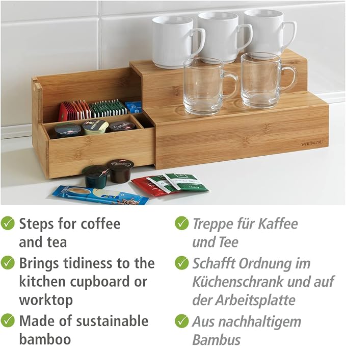 WENKO Bamboo Tea Bag Organizer with Drawer, Tea Bag Storage Container, Coffee and Tea Caddy for Kitchen, Tea Station, Tea Bag Holder, Coffee Bar Accessories and Organizer, 13 x 6.7 x 5.9 in - Image 3