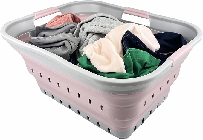SAMMART 42L (11 gallon) Collapsible Plastic Laundry Basket - Foldable Pop Up Storage Container/Organizer - Portable Washing Tub - Space Saving Hamper/Basket (Grey/Pale Pink) - Image 6