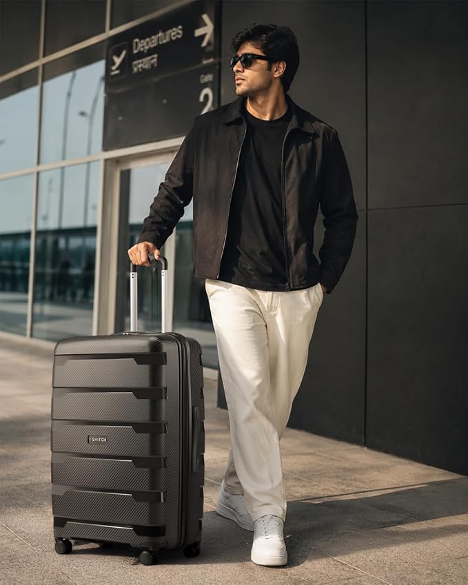 SNITCH Hard Plastic Polypropylene Travel Suitcase Small Luggage with 8 Wheels Premium Lock Wet Dry Bag and Shoe Bag Black, black, 2Pc Set, Feather-light & robust built: High-strength - Image 7