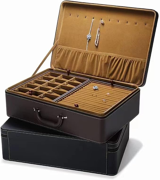 Jewelry Trays stacks Carriable with Handle Zipper Box Organizer Faux-Leather Accessory Case Storage(L6 Layers) - Image 8