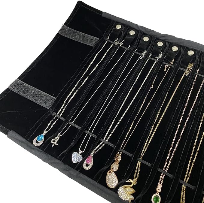 Travel Necklace Organizer, Tangle Free Jewelry Case, 16 Slots | Foldable,LightWeight Compact, Velvet Lining Jewelry Storage Bag for Chain Bracelet, Gift for Women Girls,Black PU and Velvet - Image 4