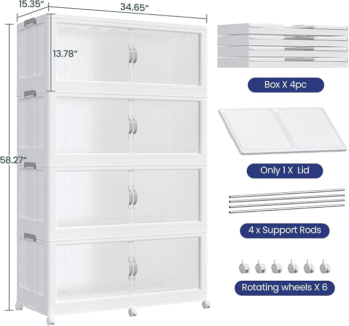 240Gal/960QT 4-Tiers Extra Large Stackable Storage Bins with Lid, Collapsible Cabinet Closet Organizer Plastic Container Box with Wheels Doors Drawers for Office Dorm Kitchen, White - Image 2