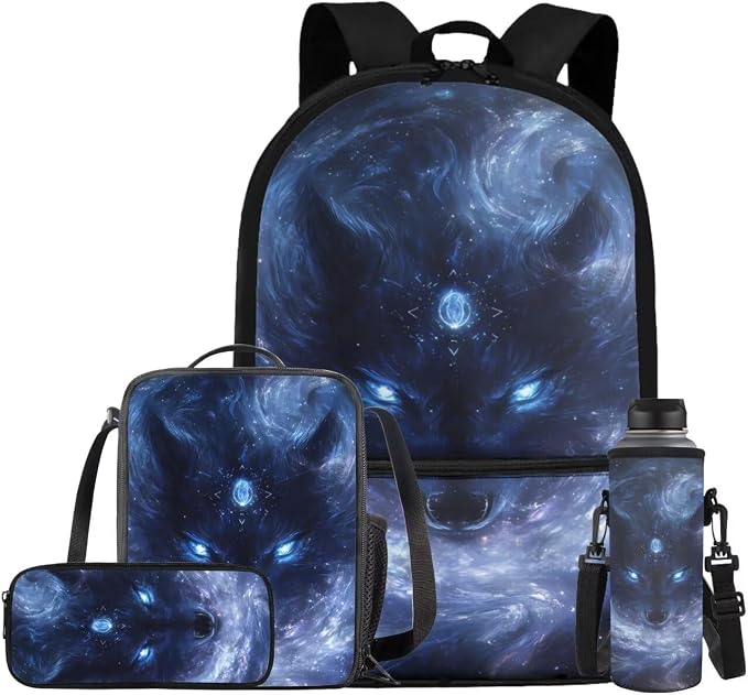 Galaxy Wolf Backpack for Boys Girls Backpack with Lunch Box Water Bottle Carrier with Strap and Pencil Case Pouch 4PCS Set Bookbag with Front Pocket for School 17" Sturdy School Bag for Kids by ELEDIZI