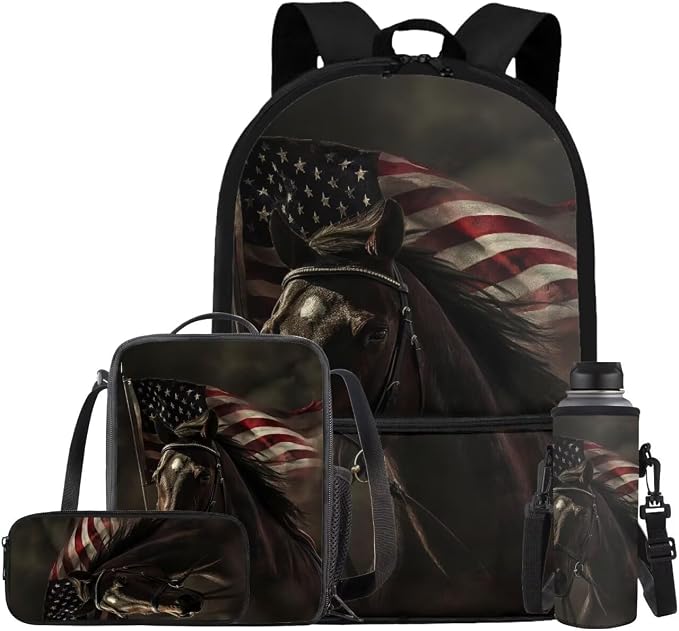 American Flag Horse Backpack for Boys Kids Backpack with Lunch Box Water Bottle Carrier and Soft Pencil Case 4PCS Set Bookbag with Front Pocket for School Teens 17 inch Lightweight School Bag by ELEDIZI