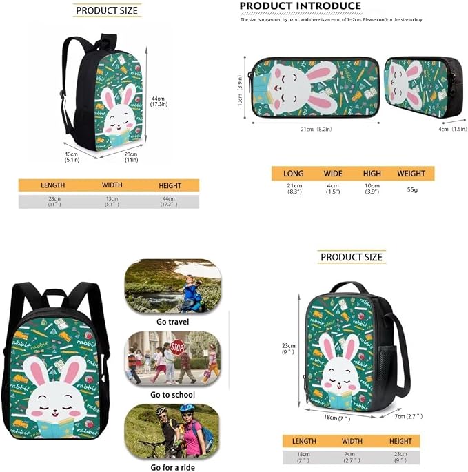Mumeson Cartoon Rabbit Backpack School Bags Set for Kids Teen Casual Organizer Shoulder Bags School Supplies Satchel Schoolbag with Lunch Tote Bags Zipper Closure Pencil Case - Image 5