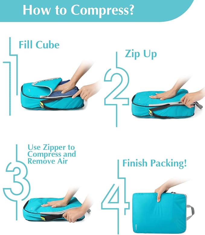 Gonex Compression Packing Cubes, 5pcs Expandable Storage Travel Luggage Bags Organizers with Laundry Bag (Blue) - Image 7