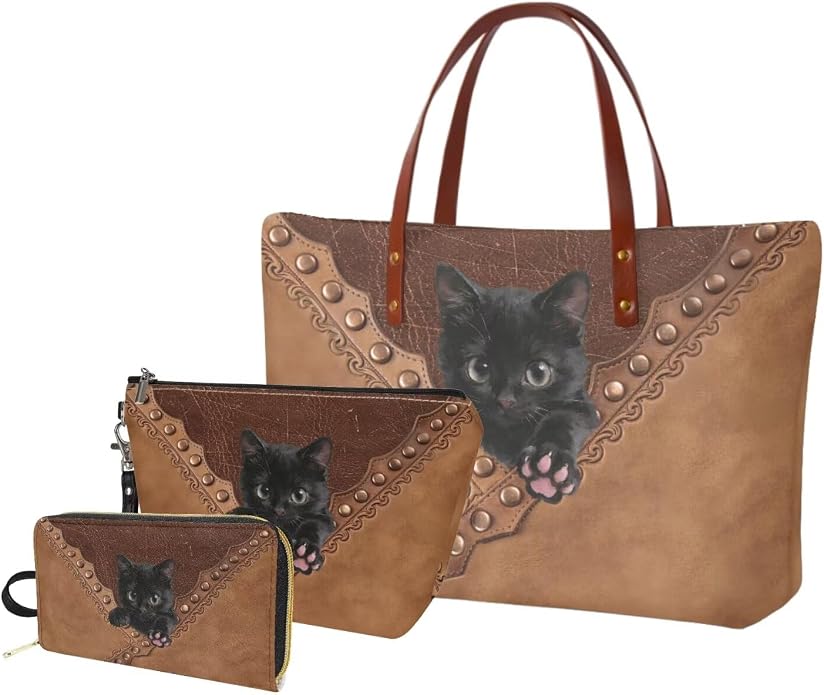 GIFTPUZZ Women Tote Bag Women Wallet Portable Cosmetic Bag for Women Bag Set 3 Pack PU Leather Bags with Zipper - Image 8