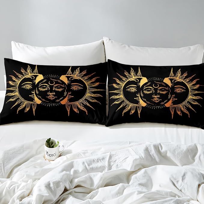 Golden Sun and Moon Comforter Cover Set Twin Size Bohemian Style Mandala Pattern 2-Pieces Hotel Luxury Soft Bedding Set Boho Exotic Theme Duvet Cover Set with Zipper Ties for Adult Women Girls Teen - Image 7