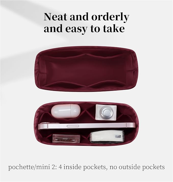 Women's Purse Organizer Insert - Satin & Lightweight Fabric with Inside Pockets, Portable for Commute, Travel, Shopping, and Evening, Multicolor Options, Fits for Kelly Mini II(Rouge H, Mini II) - Image 3