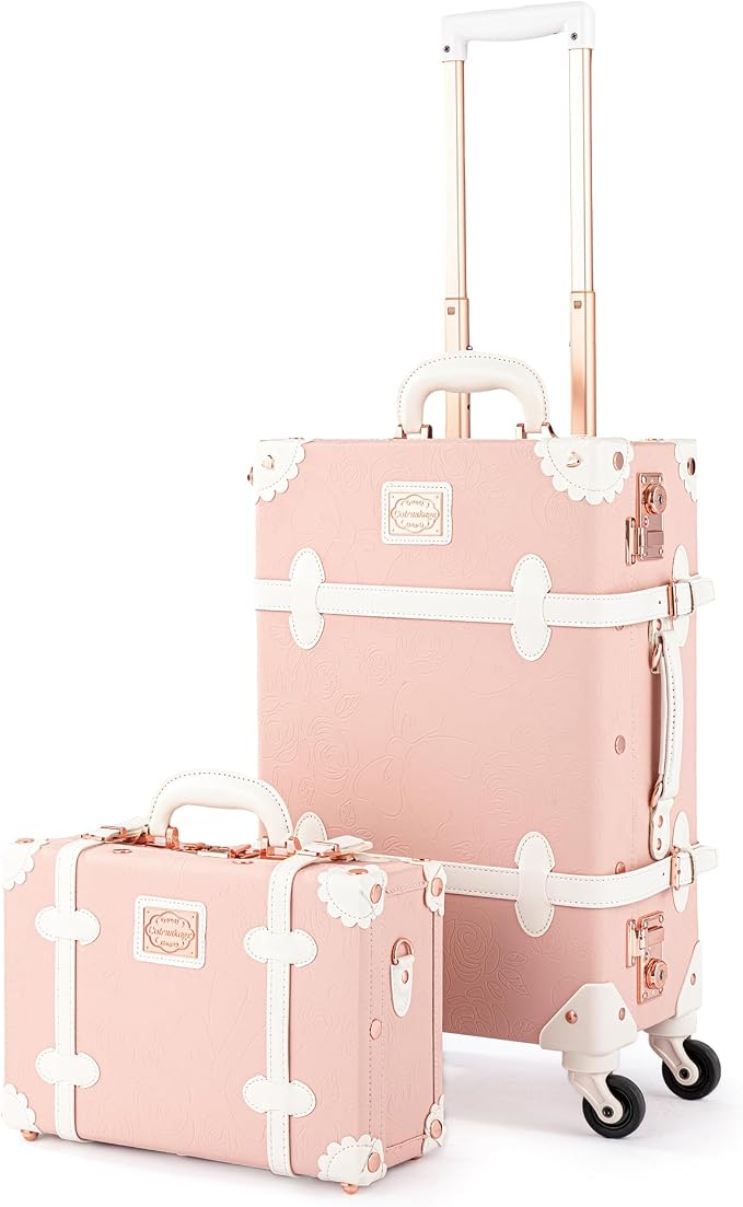 COTRUNKAGE Large Check In Vintage Luggage Set with Train Case, Embossed Pink, 2 Piece(13/24in), TSA-Approved by COTRUNKAGE