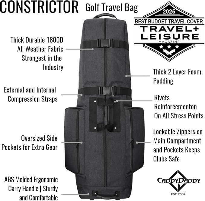CaddyDaddy Constrictor Soft-Sided Golf Travel Bag Cover with Thick Dense Foam Padded Top 1 Year Full Travel Bag Replacement Coverage | Wheels & Lockable Zippers Case for Transporting Clubs on Airlines - Image 4