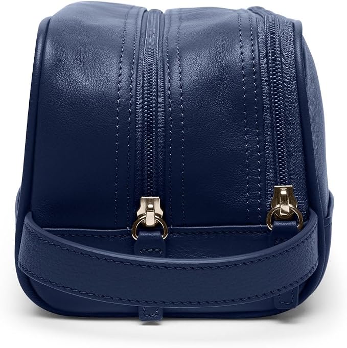 Leatherology Navy Blue Leather Toiletry Bag – Small Double Zip Dopp Kit – Full Grain Leather Travel Organizer with Water-Resistant Lining – Compact Grooming Bag for Men or Women - Image 3