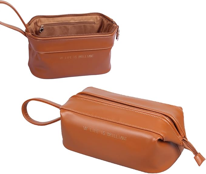 CORIOS Toiletry Bag For Women Portable Make Up Bag Waterproof Wash Bag PU Leather Cosmetic Bag Bathroom Shower Bag Multifunctional Travel Organizer For Shampoo, Cosmetics, Toiletries Brown C by CORIOS