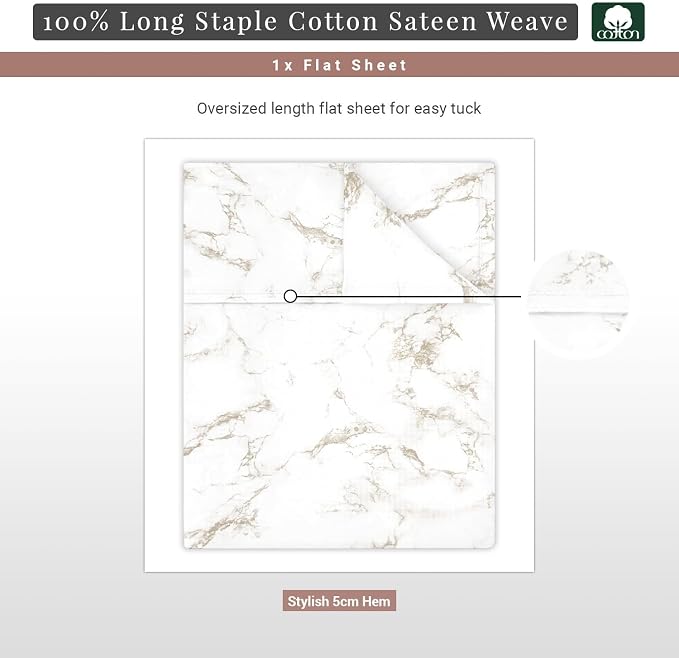Pizuna Pure 100% Cotton Flat Sheets Only Full Carrara Marble Taupe (1 PC), Luxurious 400 Thread Count Long Staple Cotton Sateen with 4" Hem (Combed Full Flat Sheet Only Cotton) - Image 3