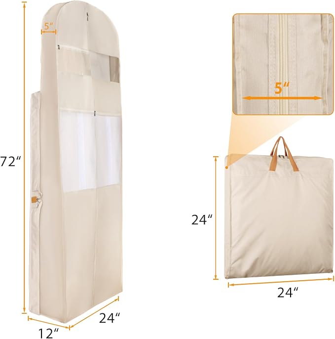 Zilink 72" Wedding Dress Garment Bag Dress Bags for Gowns Bridal Garment Bag for Long Dresses with 12”Gusseted and Accessory Pockets for Wedding Dress, Puffy Gowns [Upgraded Version], Beige - Image 2