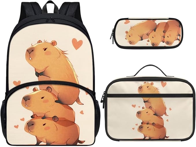Capybara Bookbag for Kids 6-8 with Lunch Box, 17 Inch Large Capacity Elementary School Student Backpack and Lunchbox Pencil Case 3Pcs Girls School Bag Lunch Bag Set by Dremagia