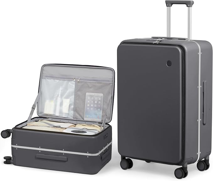mixi 26 Inch Large Checked Luggage PC Hard Shell Suitcase Top Opening Aluminum Frame Travel Suitcases with Wheels, Rock Gray by MIXI