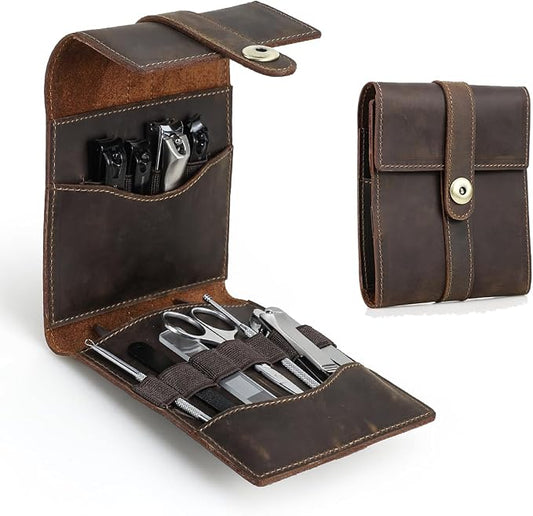 CONTACTS Full Grain Leather Empty Manicure Kit Case for Men Travel Nail Clipper Pouch Small Personal Care Tools Pouch By Handmade (Case Only) by CONTACTS