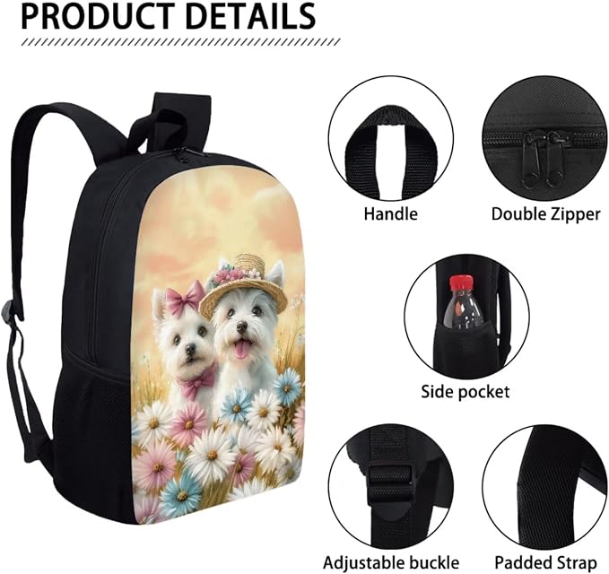 Westie Dog Daisy Flower Print Durable Backpack Set for Boys and Girls, Large Lightweight Schoolbag Set with Lunch Bag Pen Bag, Suitable for Elementary and Middle School Students - Image 4