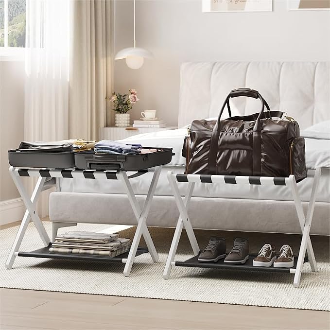 Smart FENDEE 2 Pack Luggage Rack, Folding Luggage Rack for Guest Room, White Bamboo Suitcase Stand Holds up to 131 lb, Luggage Stand with Storage Shelf for Hotel, Bedroom by SmartFENDEE