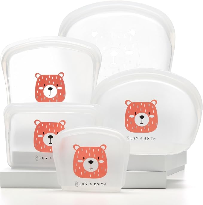 LILY & EDITH Bear Silicone Reusable Snack Sandwich Lunch Food Bag Gift Sets, Leakproof, Airtight, Dishwasher & Microwave & Freezer Safe, Portable,Multipurpose, Adults (White Peach, 5 Pack) by LILYEDITH
