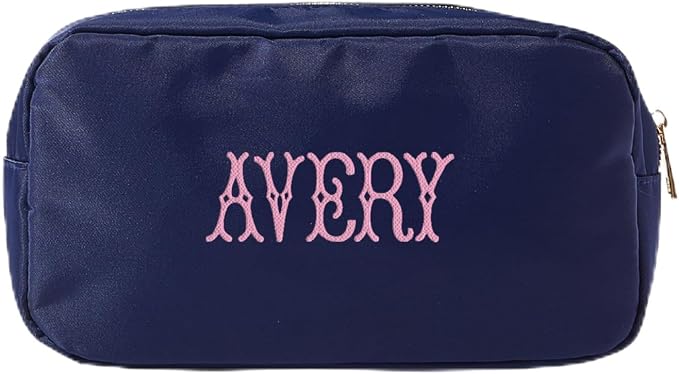 Personalized Nylon Pouch - Large Embroidered Essentials Bag for Women, Makeup, Toiletries, or Travel Organizer, Custom Monogram Gift, Carryall, Mom Bag, Tech Pouch (Navy, L) by Sprinkled+With+Pink