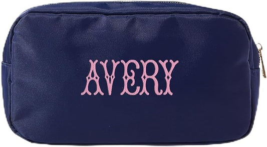 Personalized Nylon Pouch - Large Embroidered Essentials Bag for Women, Makeup, Toiletries, or Travel Organizer, Custom Monogram Gift, Carryall, Mom Bag, Tech Pouch (Navy, L) by Sprinkled+With+Pink