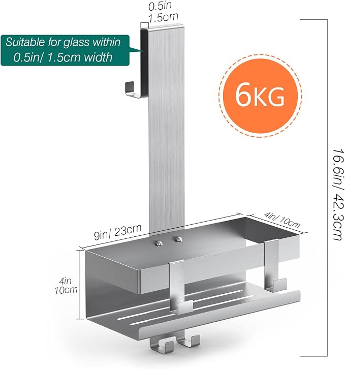 Emibele Over The Door Shower Caddy, 304 Stainless Steel Hanging Shower Caddy Rustproof Shower Shelves,No Drilling Hanging Shower Organizer for Bathroom Glass Door Up to 1.5cm,Basket: 23×10×10cm,Silver - Image 7