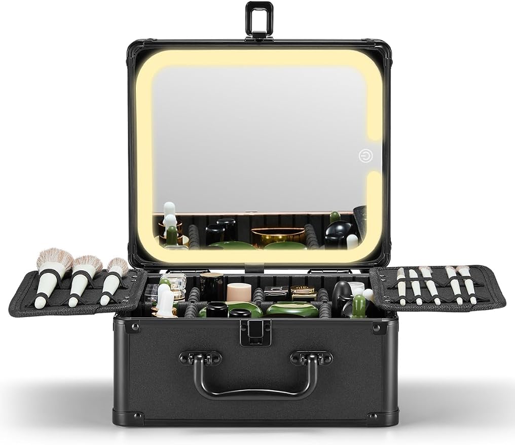 Qislee Makeup Box with A Detachable Lighted Mirror, Waterproof Travel Train Case, Cosmetic Organizer and Makeup Suitcase with Adjustable Dividers, Magnetic LED Mirror (Black) | Makeup Organizer, Cosmetic Travel Bag for Women, Adjustable Dividers, Brush... by Qislee