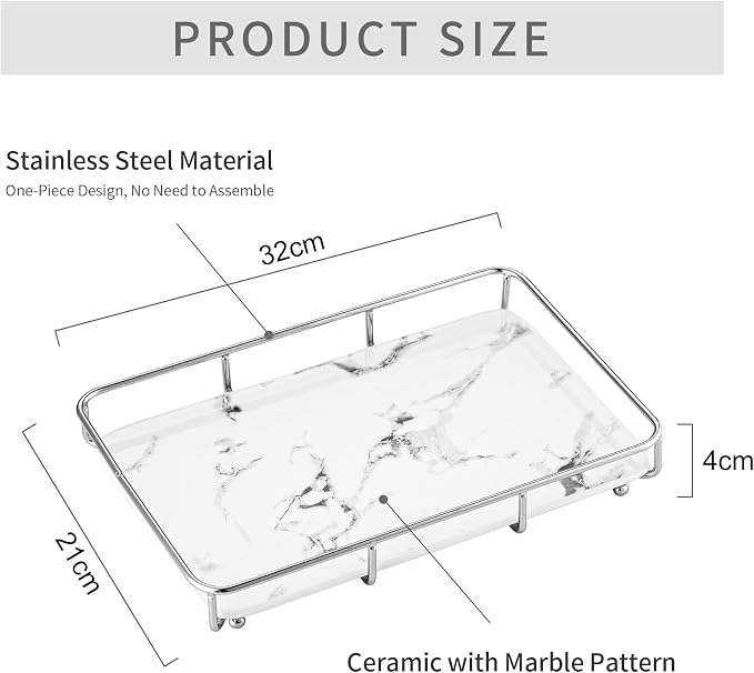 Dobbyby Vanity Tray Makeup Organizer Cosmetics Storage Bathroom Skincare Organizer Countertop Display Rack in Dresser Stainless Steel Shelf Marble Print Ceramic Trays - Image 6