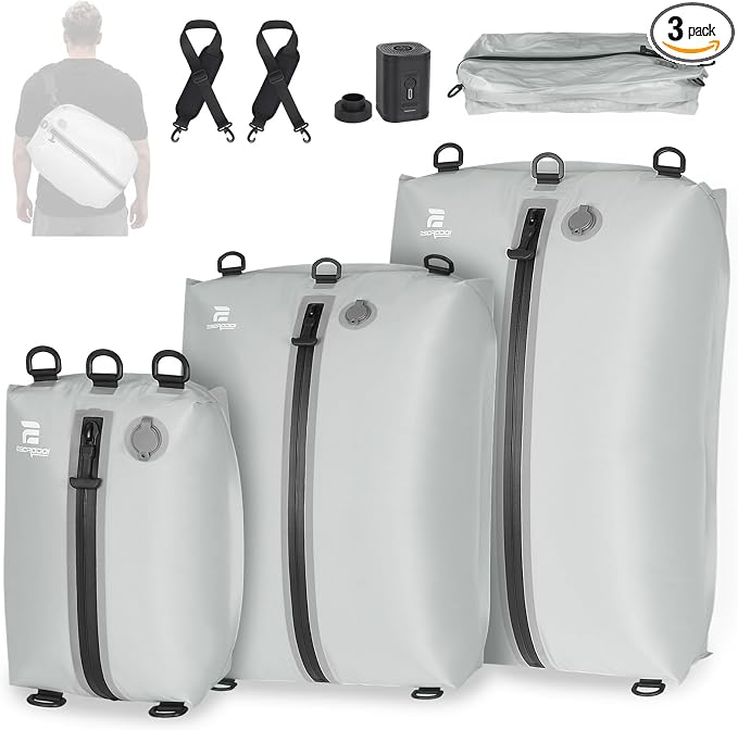 3 Pack Vacuum Bags for Travel with Pump, 3-Size Set Reusable Vacuum Compression Bags for Luggage, Space Saver IP67 Waterproof Vacuum Packing Cubes for Suitcase&Backpack, Grey white by ESCRODOI-Fromcourttotrailpackinperformance