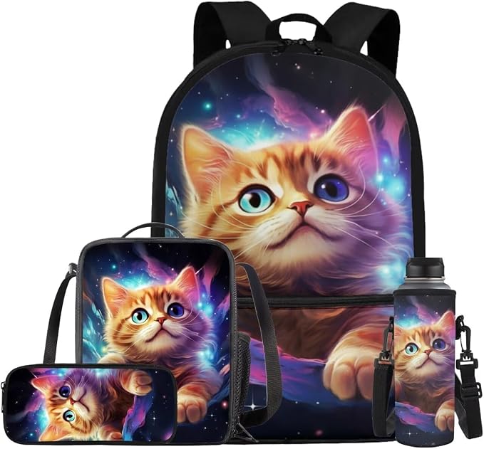 Galaxy Cat Backpack for School Girls Backpack with Lunch Box Water Bottle Holder with Strap and Cute Pencil Case 4PCS Set Bookbag with Front Pocket 17 inch Large Capacity School Bag for Kids by ELEDIZI