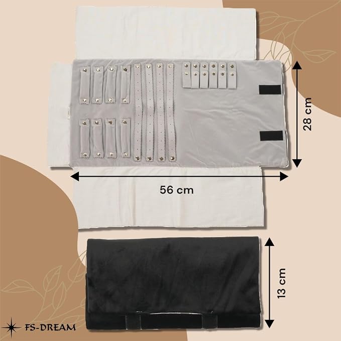 Large and Compact Soft Velvet Jewellery Roll - Women's Jewellery Box for Travel with More Than 50 Slots for Rings, Necklaces, Earrings and Bracelets (Black/Grey) - Image 3