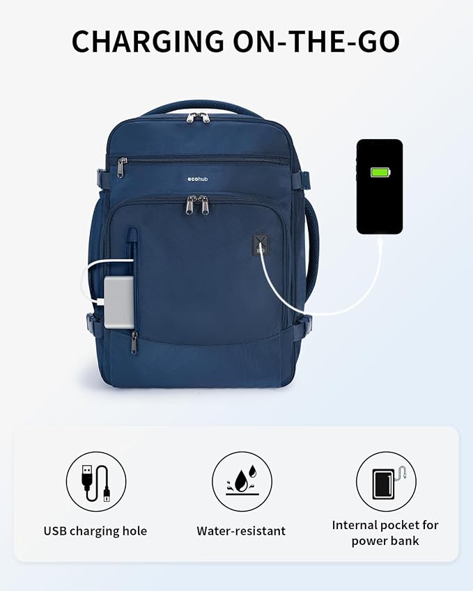ECOHUB Travel Backpack for Men, 18x14x8 Frontier Airlines Personal Item Bag with Clear Toiletry Bag, Laptop Carry on Backpack with USB Port, Airline Approved Under Seat 14 Pockets 30L, Blue - Image 6