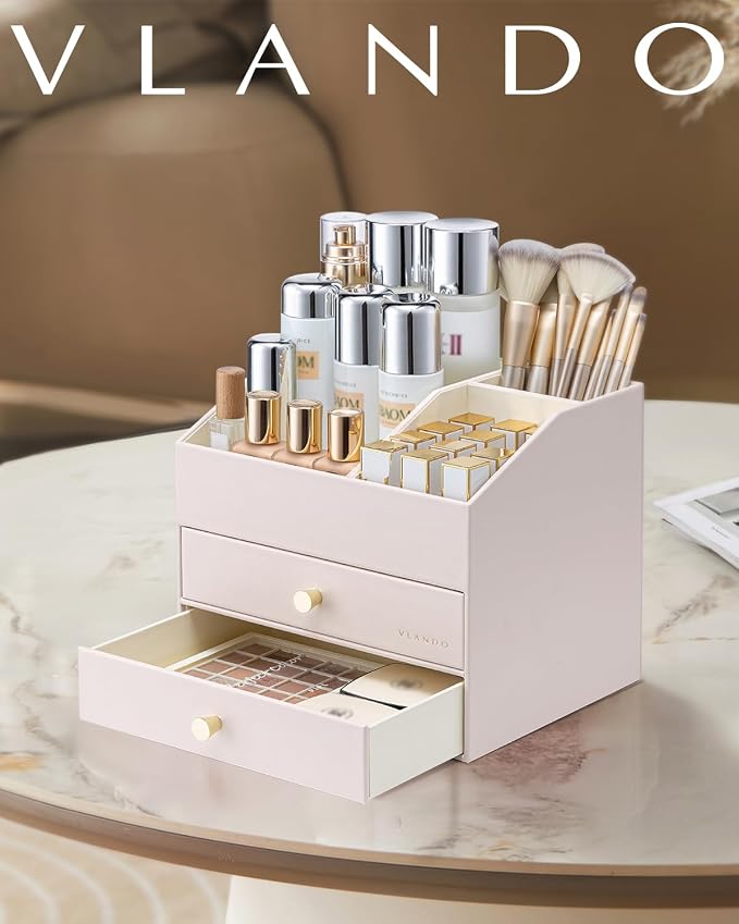 VLANDO Makeup Organizer,Skincare Organizer for Vanity，PU Leather Make up Organizer with Drawers Cosmetic Display Case for Countertop,Perfume,Gifts Ideas for Women (Apricot White) - Image 8