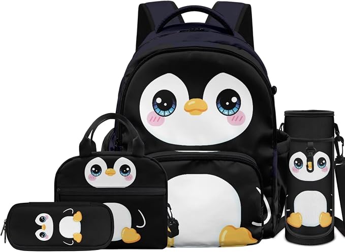 Penguin Print Backpack for Kids 4 Pieces School Backpack with Insulated Lunch Bag with Pencil Case Water Bottle Carrier for 4-6 Years - Image 2