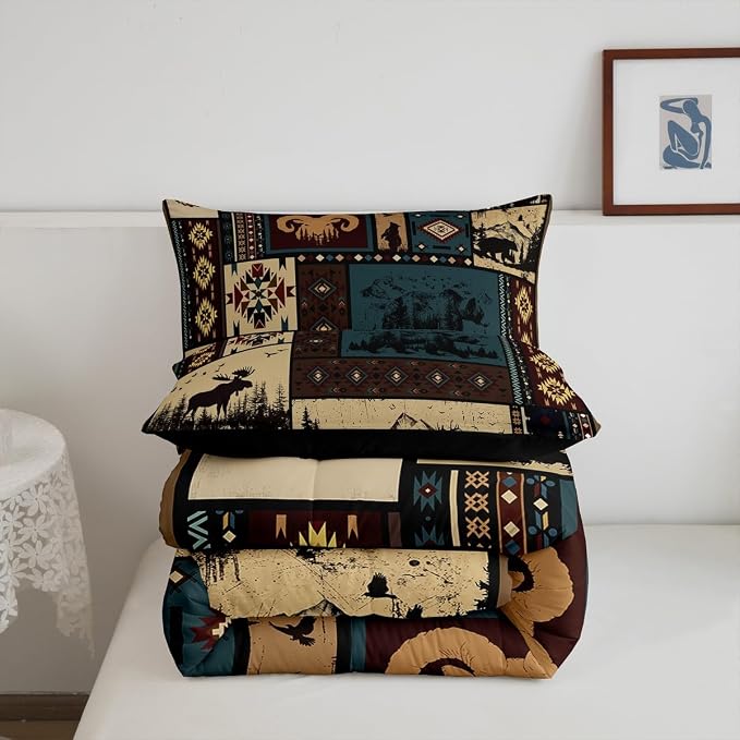 Erosebridal Aztec Comforter Sets Twin Rustic Southwestern American Native Bedding Set,Bear Deer Moose Quilt Retro Indian Style Hunting Animal Duvet Insert with 1 Pillowcase Microfiber - Image 5