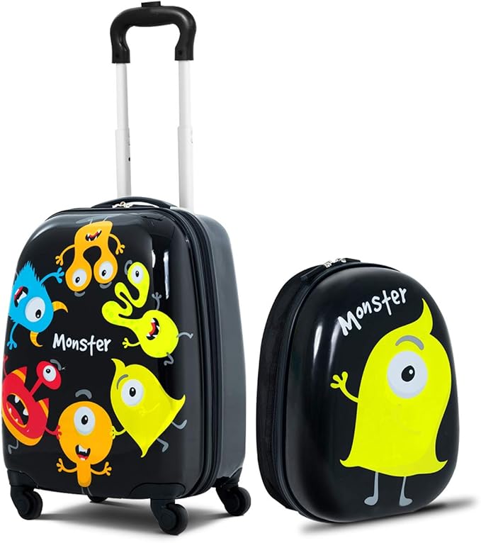 HONEY JOY Kids Luggage, 12" Toddler Backpack & 16" Travel Suitcase with Wheels, Lightweight Toddler Girls Suitcase, Durable ABS Hardshell, 2Pcs Carry On Luggage Set for Boys Girls, Black Monster by HONEYJOY