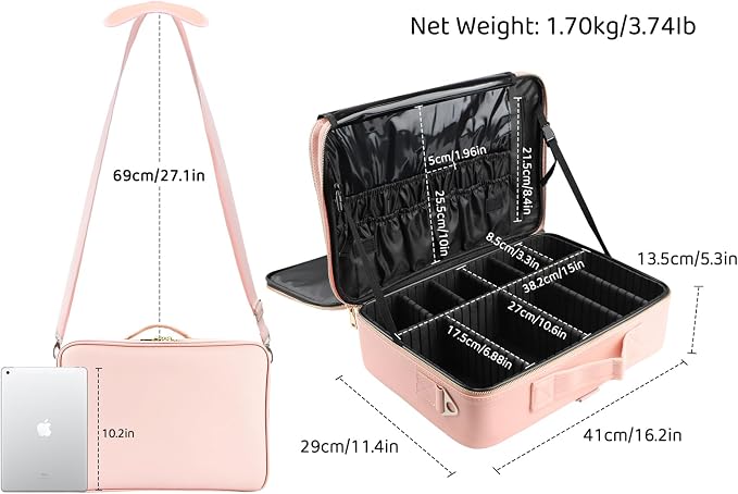 Travel Makeup Train Case,Large Capacity Cosmetic Bags for Women,Portable Makeup Bag Organizer with Adjustable Dividers & Shoulder Strap(Pink, L) - Image 2