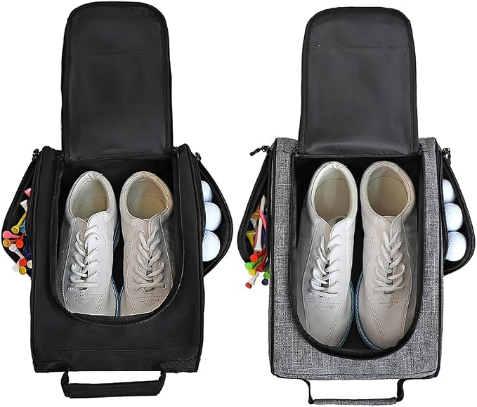 Goloni 2Pcs Golf Shoe Bag for Men & Women, Padded Travel Shoe Bag with Side Accessory Pockets,Sport Shoe Carrier for Golf Shoes,Socks,Tees & Balls,Durable & Lightweight Design(Black+Gray) by GoloniYourStyleYourRule