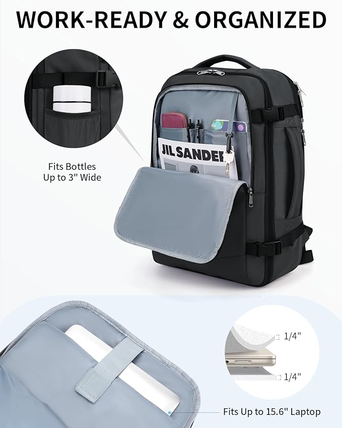 ECOHUB Carry On Travel Backpack, Expandable Airlines Personal Item Bag 18x14x8, Water Resistant 17 inch Laptop Backpack Flight Approved, 12 Pockets 30L Work Backpacks with Wet Pocket Cable Slot, Grey - Image 4