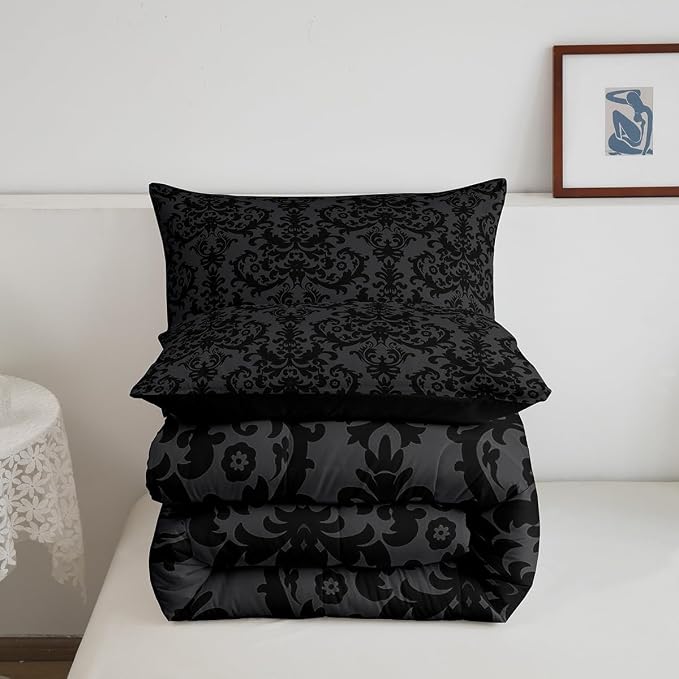 Erosebridal Adults Black Damask Bedding Set Antique Victorian Baroque Down Comforter King Gothic Vintage Floral Comforter Set Bohemian Exotic Bedding Quilted Grey Bedroom Decor 2 Pillow Cases - Image 6
