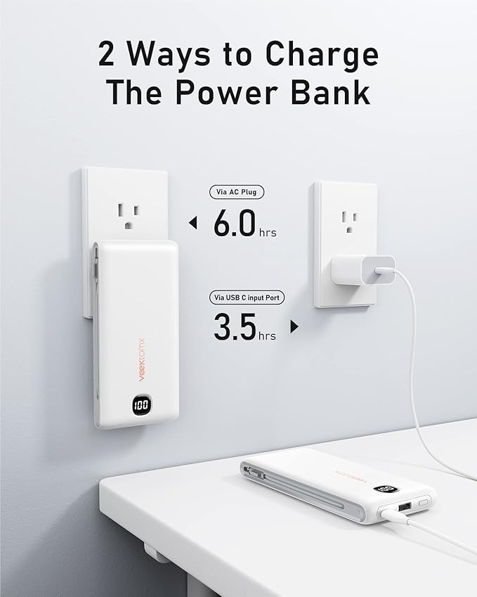 VEEKTOMX Portable Charger with Built in Cables 10000mAh, Power Bank for iPhone with AC Wall Plug, Fast Charging USB C Slim Battery Pack with LED Display Compatible with iPhone 17/16/15/14, Samsung