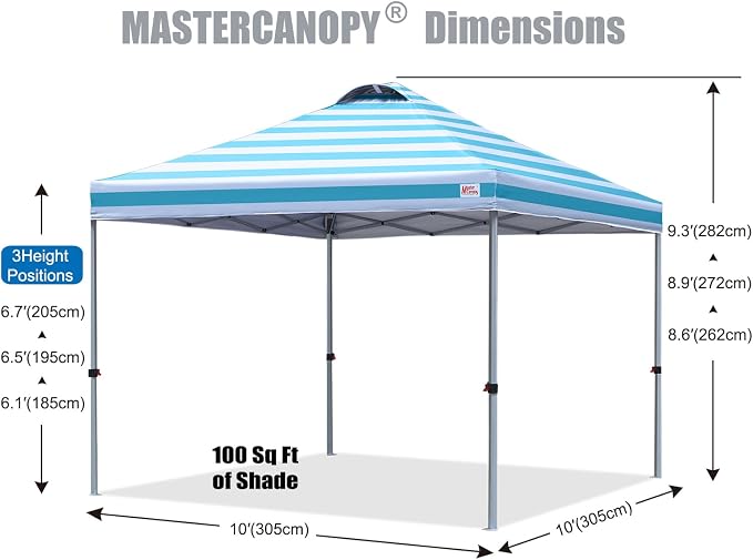 MASTERCANOPY 10x10 Pop Up Canopy Tent, 1 Person Setup Instant Shelter,Outdoor Portable Beach Canopy with Roller Bag, 4 Sandbags, 4 Ropes, 8 Stakes (10x10, Sky Blue Stripe) - Image 2